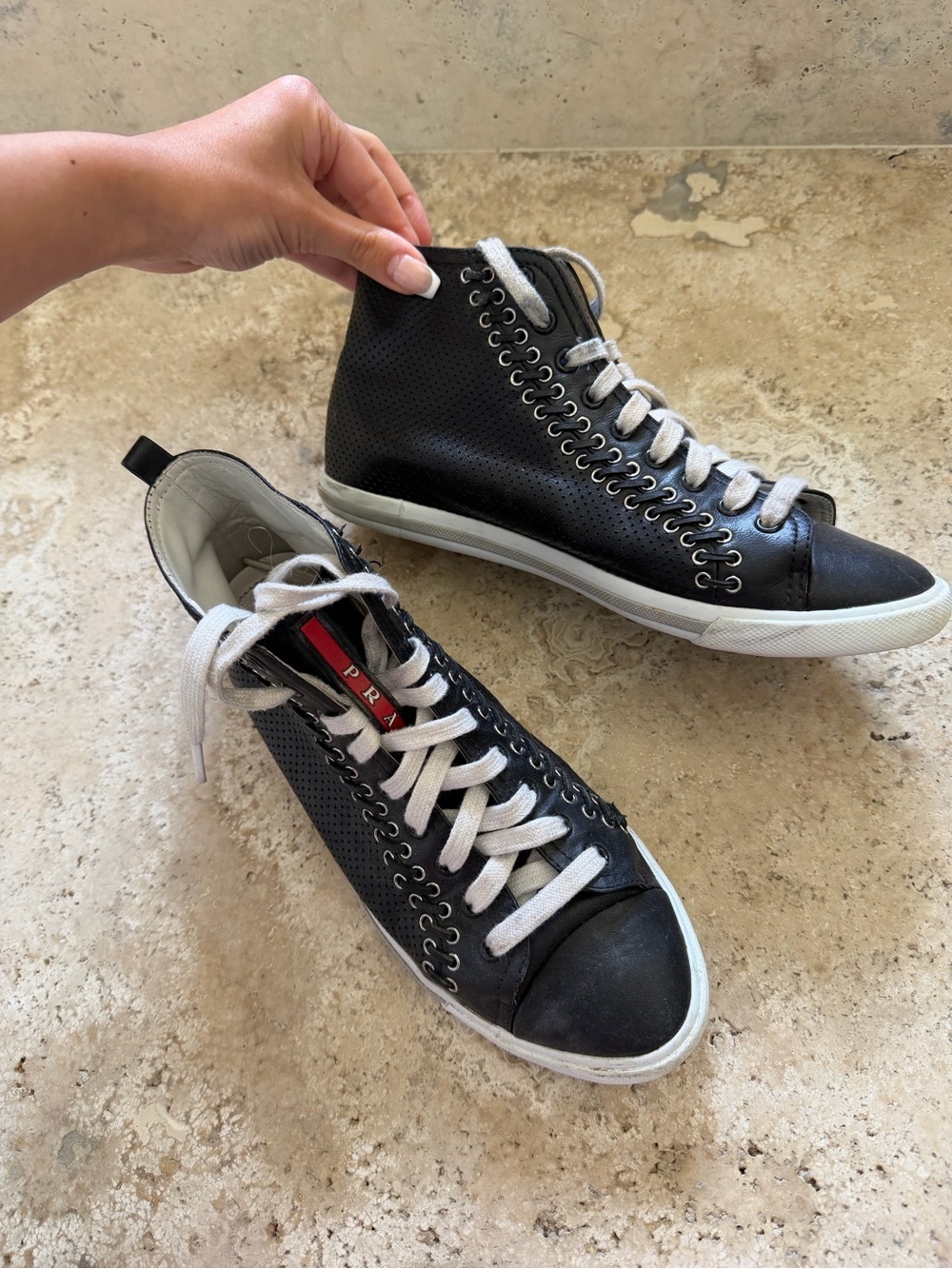 Prada Black Leather Perforated High-Top Sneakers with White Laces Sz 38